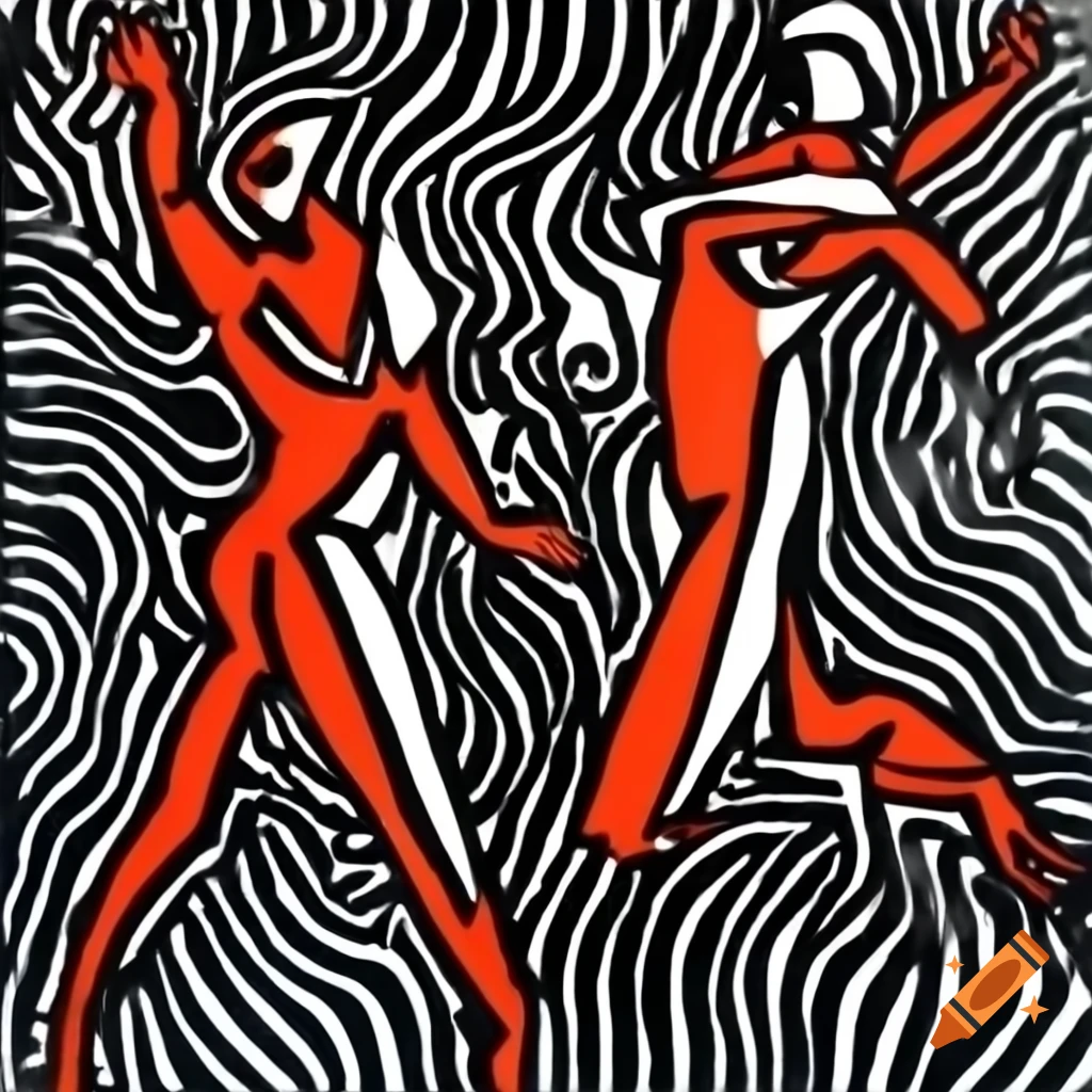 Abstract two-color linocut with geometric forms and sharp lines