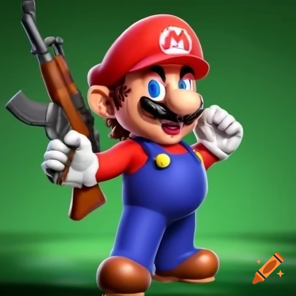 Mario character holding an AK47 in a playful context