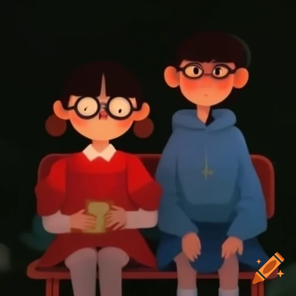 Couple on romantic date at night, girl in red dress and boy in blue pants