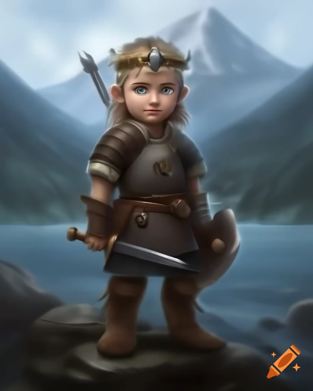 Young Viking warrior in carved armor gazing over misty lake