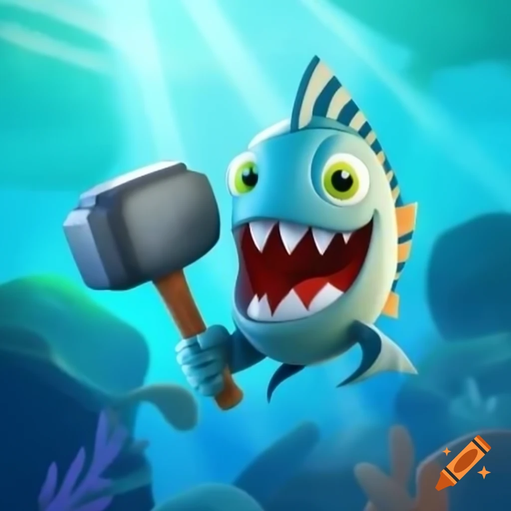Cartoon fish with hammer and determined grin in underwater scene