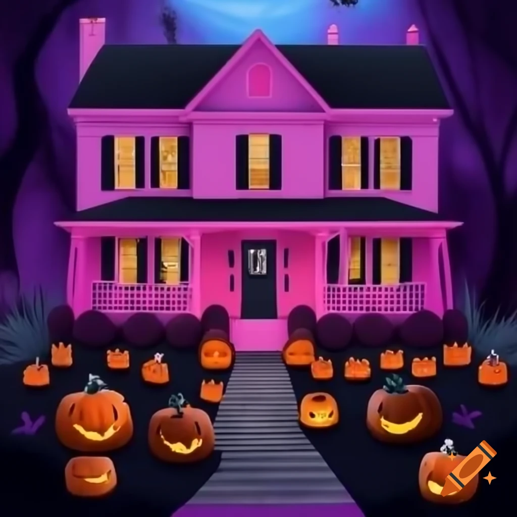 Halloween decorations at a pink house