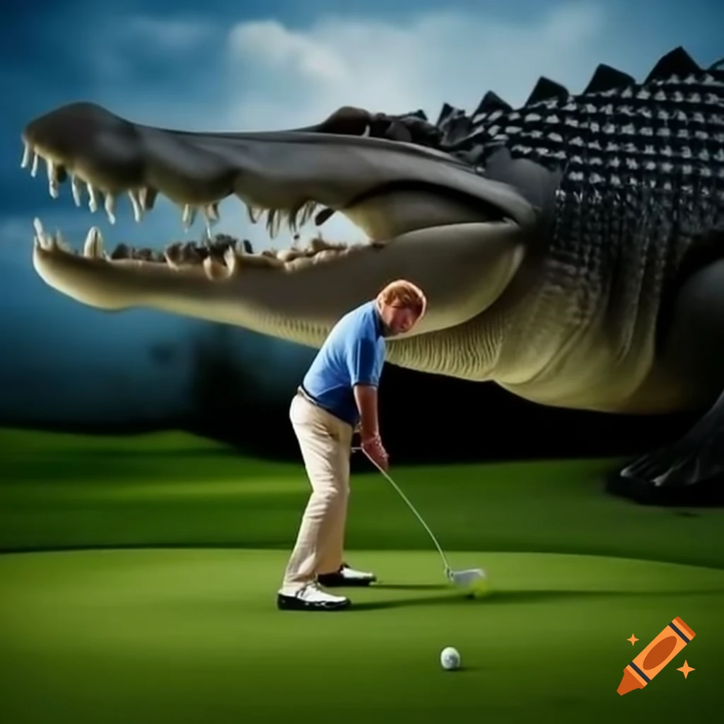 Satirical photorealistic portrait of Trump golfing while being chased by an alligator