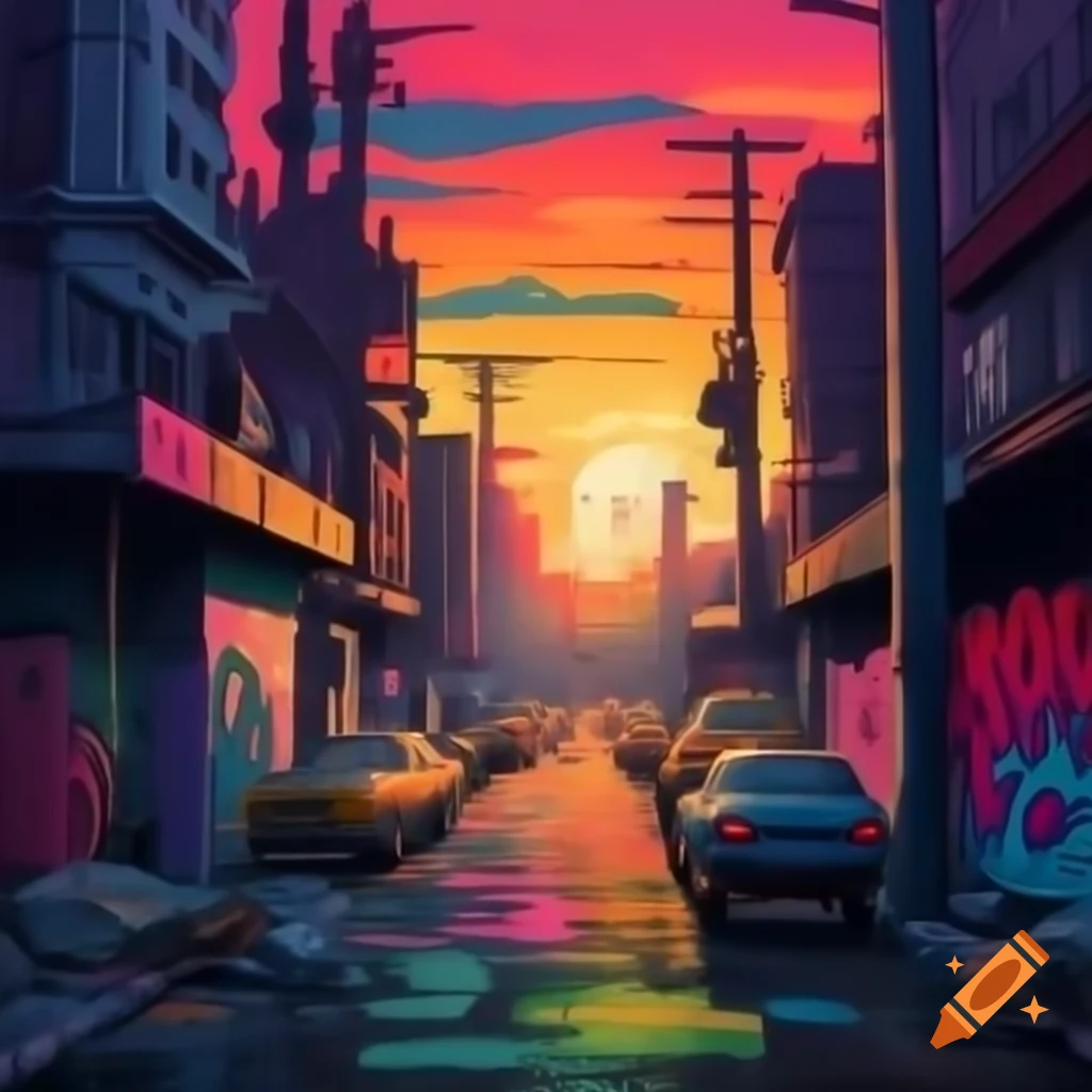 Colorful city ghetto with graffiti art under a rainbow sunset