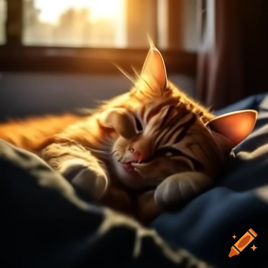 Realistic soft orange cat resting in sunset sunlight with dark surroundings