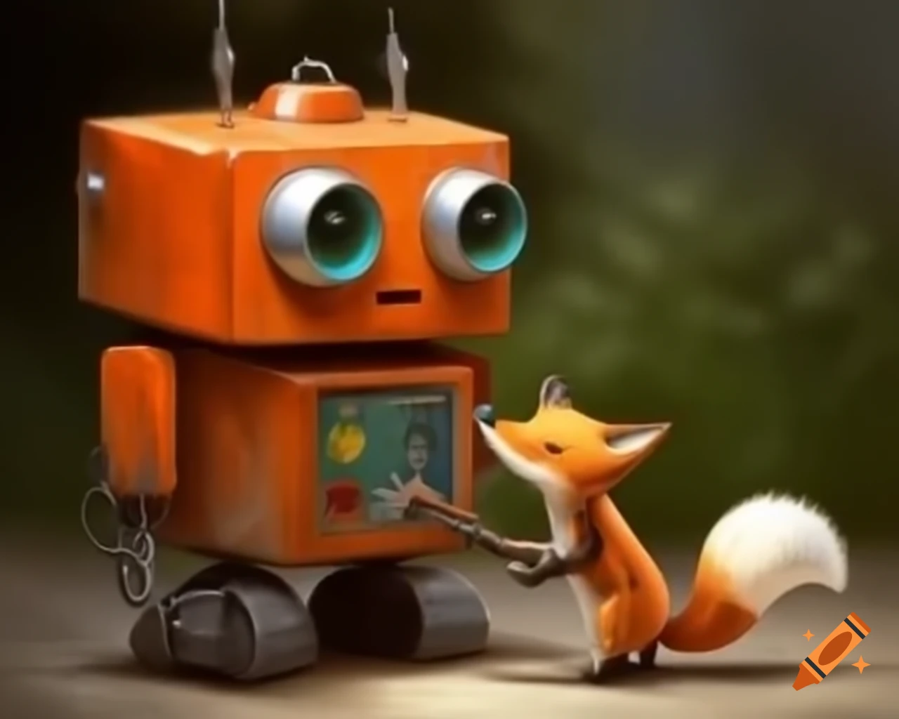Orange robot painting a fox on canvas