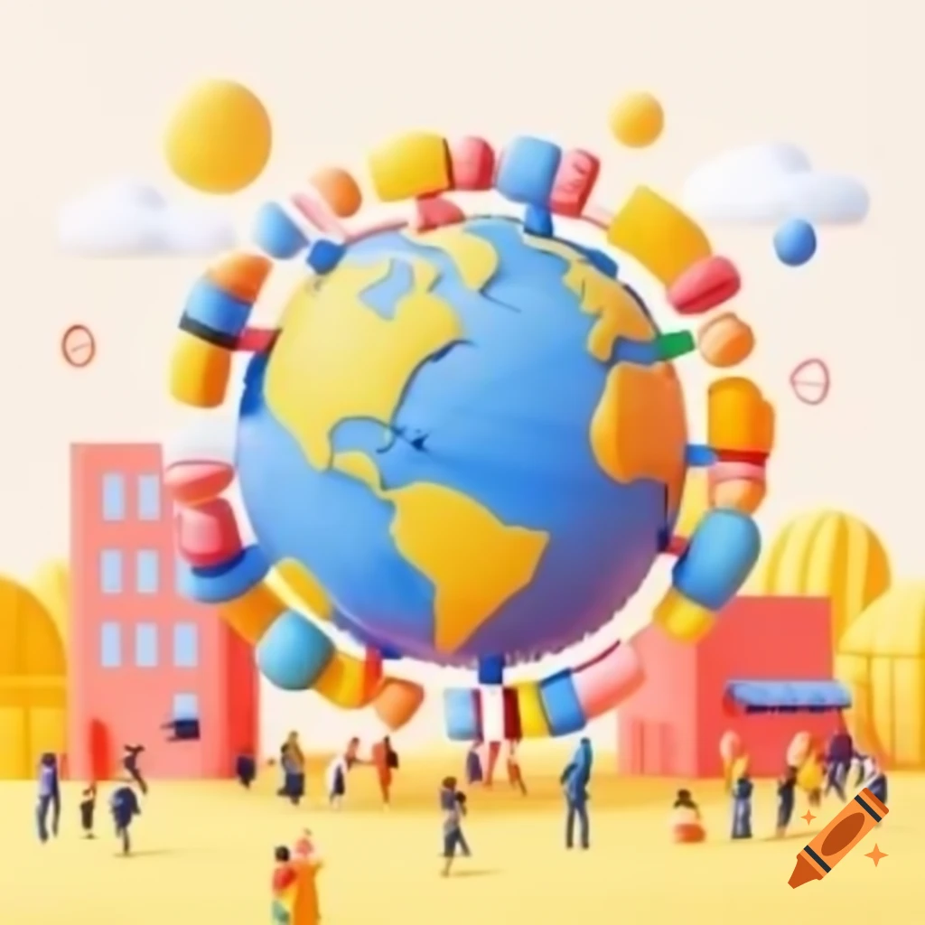 Brightly colored illustration of globe surrounded by diverse people and buildings