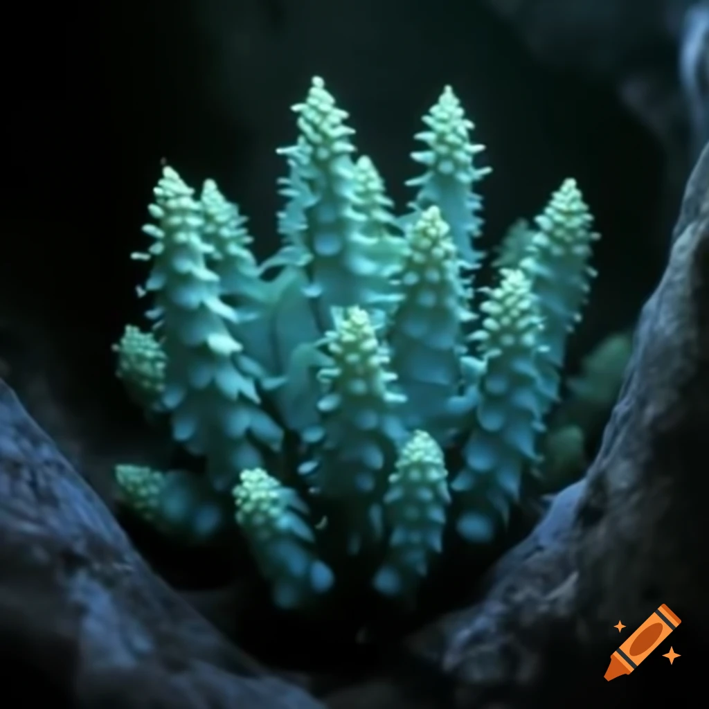 Multiple blue orc-like plants in a dark cave setting