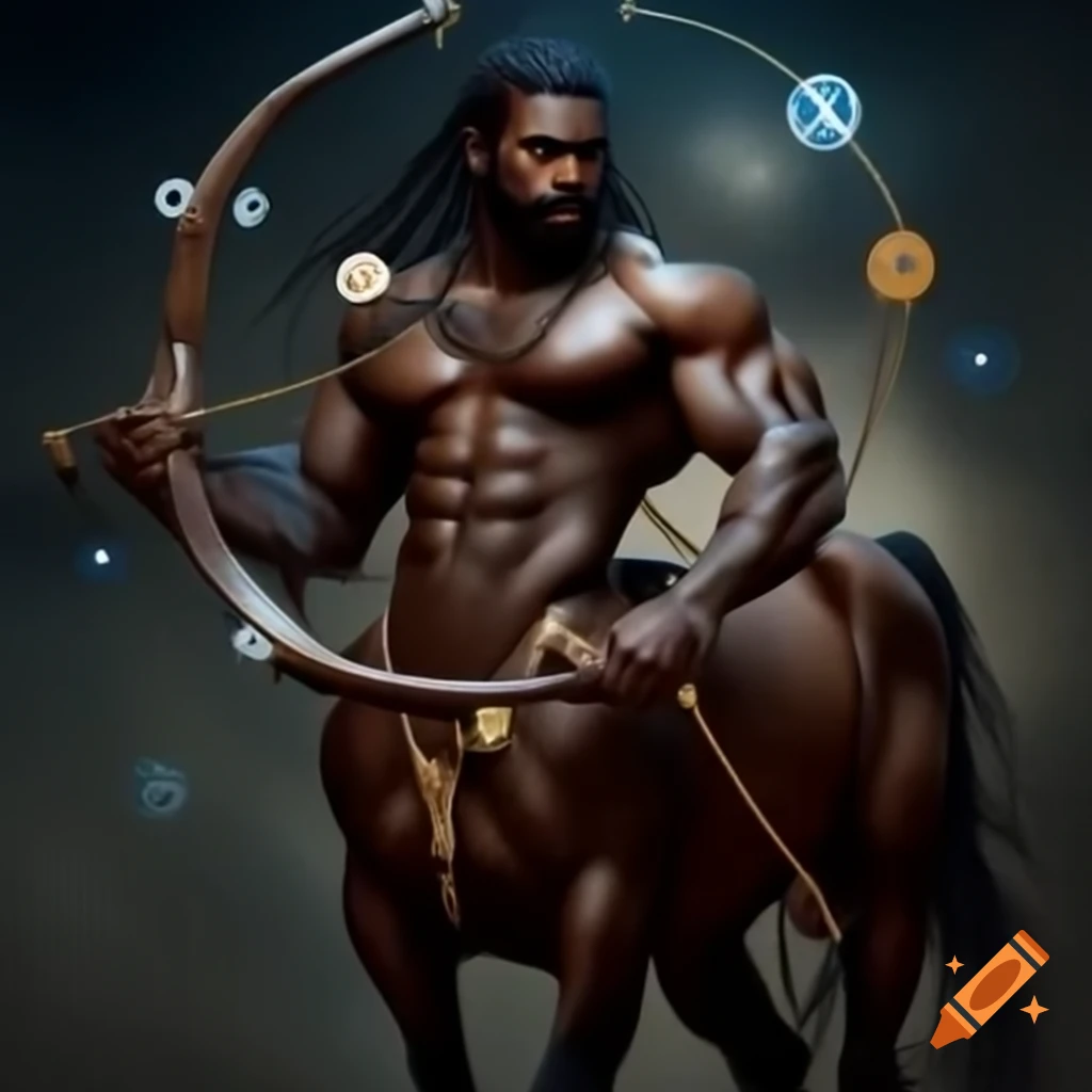 Muscular black male centaur with bow and arrow representing Sagittarius, surrounded by zodiac symbols and magic sparks