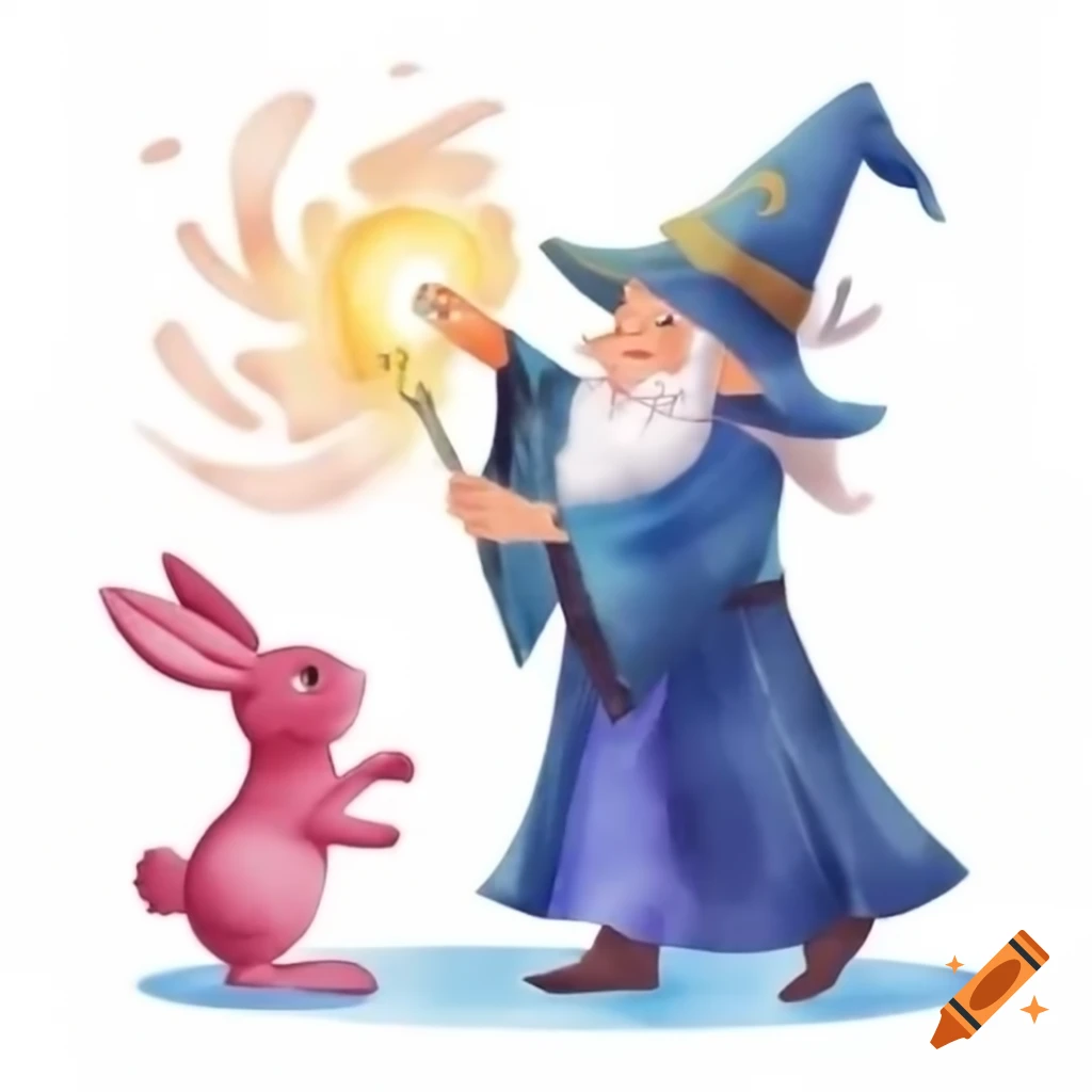 Wizard casting a spell on a pink rabbit
