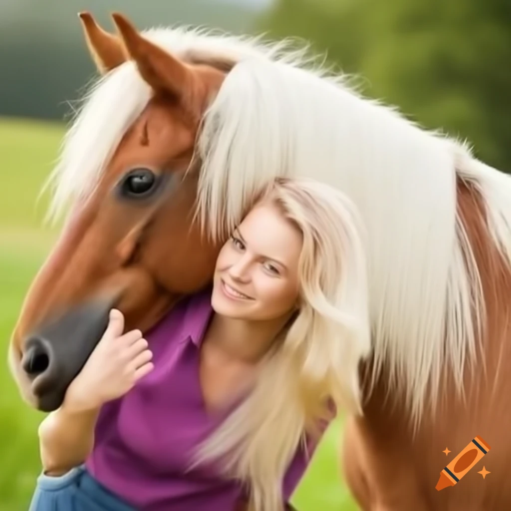 Young blonde woman with an arrogant expression and a horse in the background