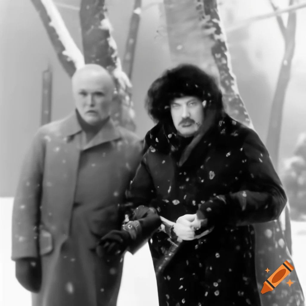 Two individuals stuck under a tree during a snowstorm