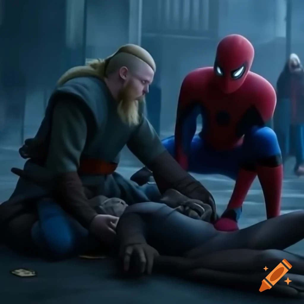 Two defeated vikings on ground as Spider-Man walks away
