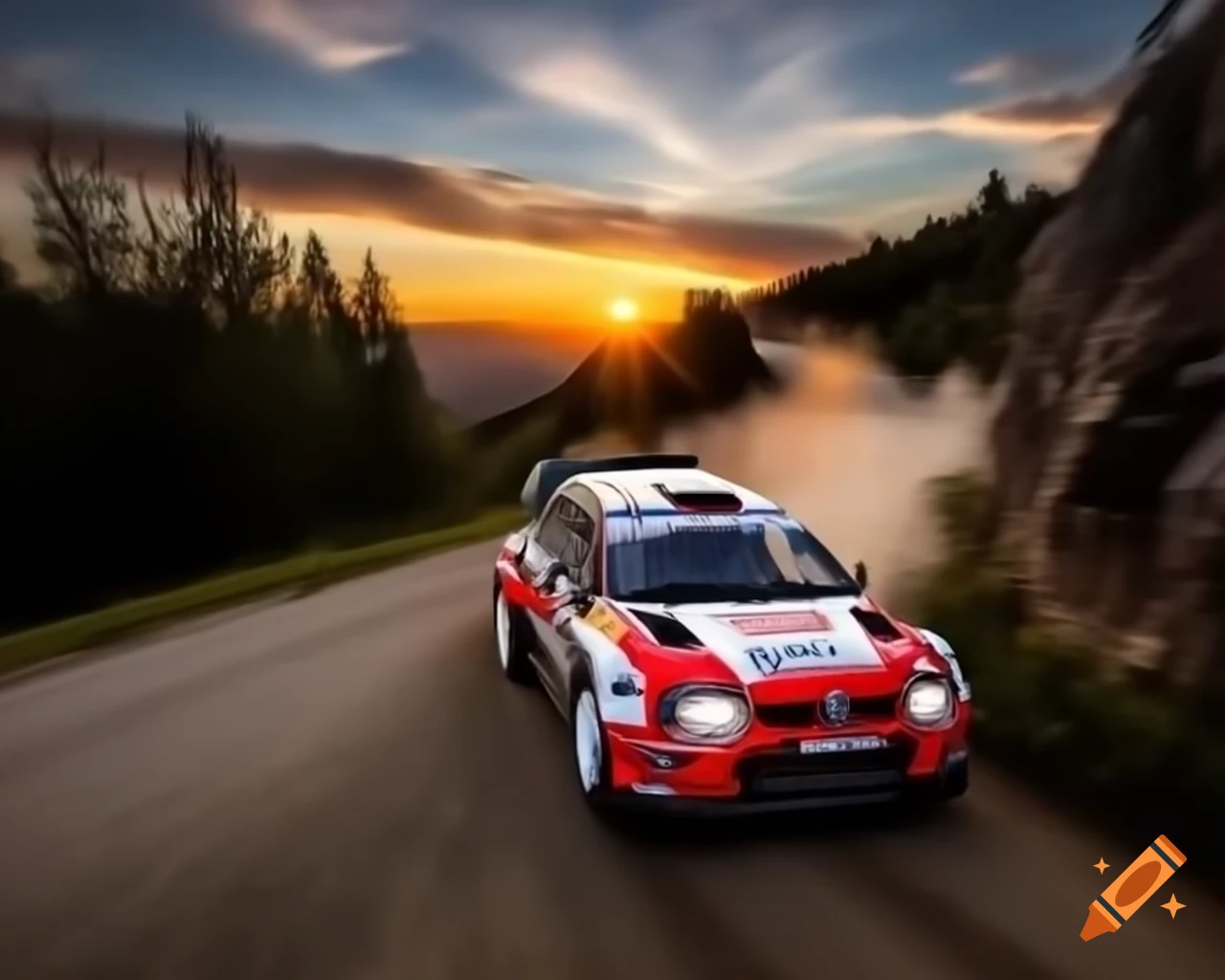 Rallye Monte Carlo cars drifting on gravel road at sundown, painting inspired by Klaus Wagger