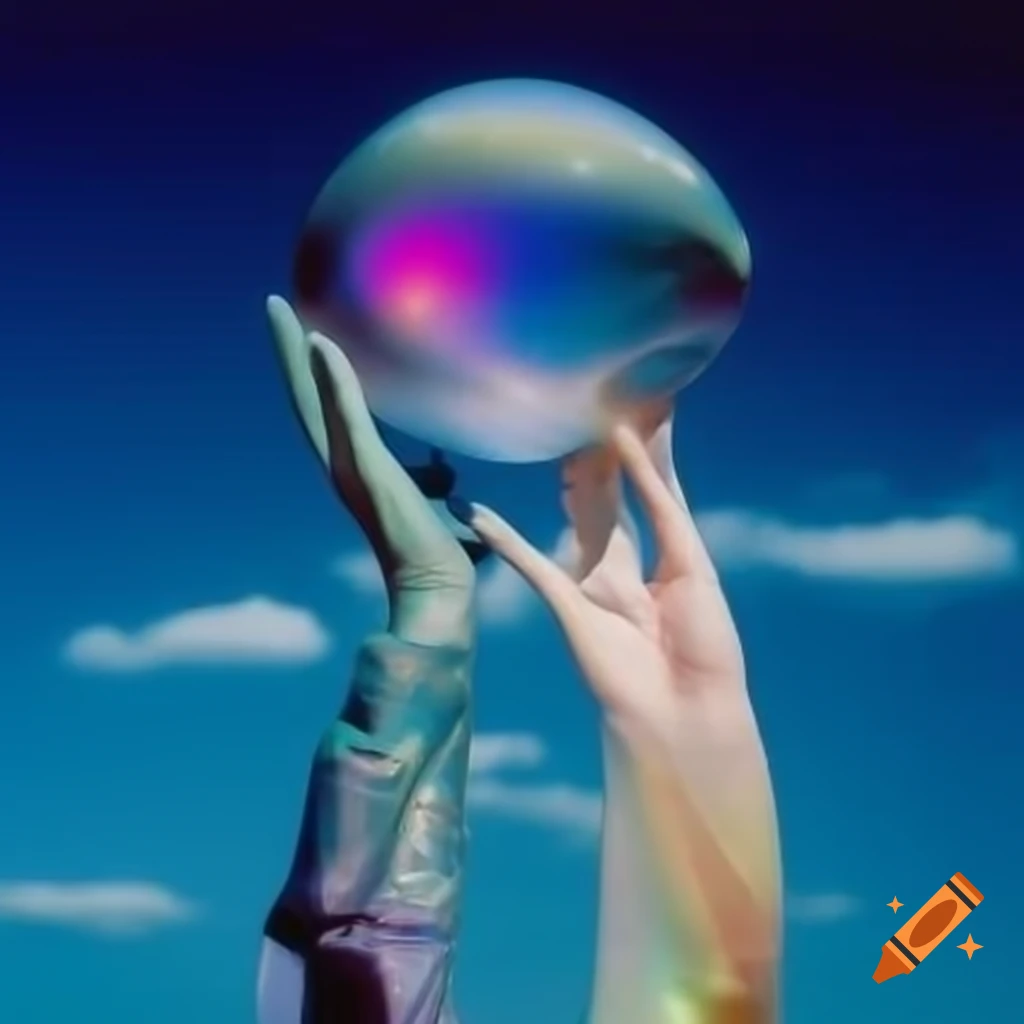 Pop surreal 2000's photography featuring iridescent glass statue