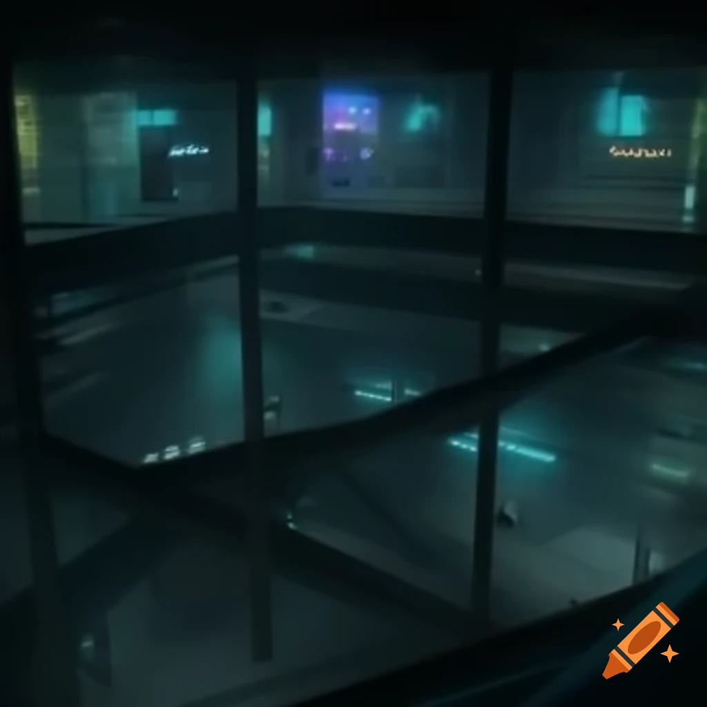 Underground multi-level nightclub with graffiti and neon lights in cyberpunk style