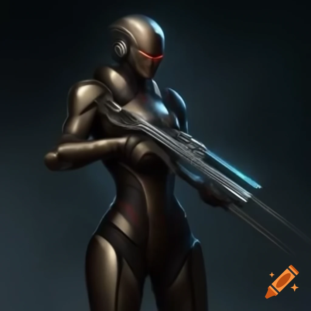 Cyborg warrior in armor with laser rifle