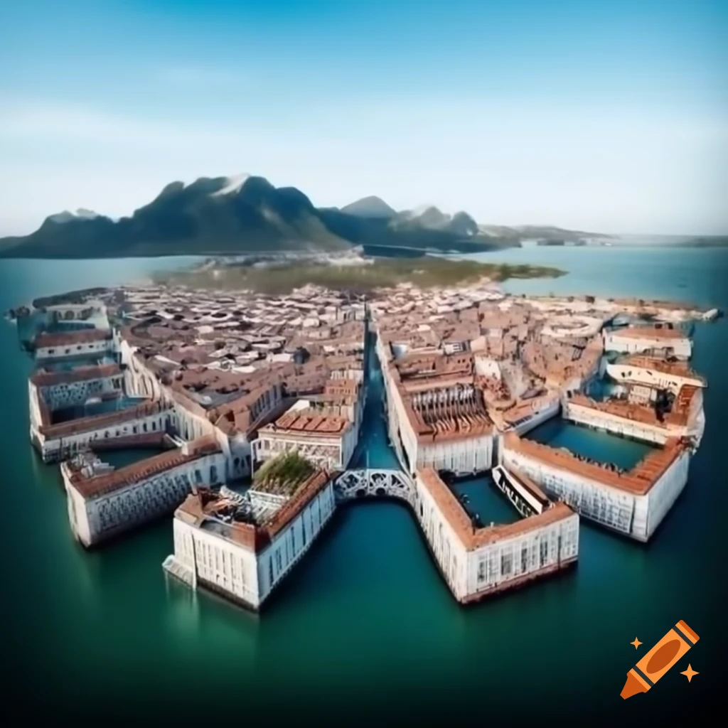 Futuristic city resembling Venice with modern architecture and elevated buildings near the lake