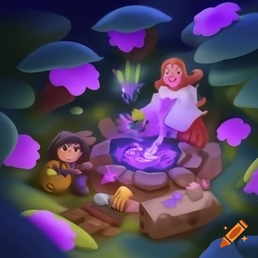 Fantasy illustration of magical garden with glowing purple flowers and characters in Nordic attire