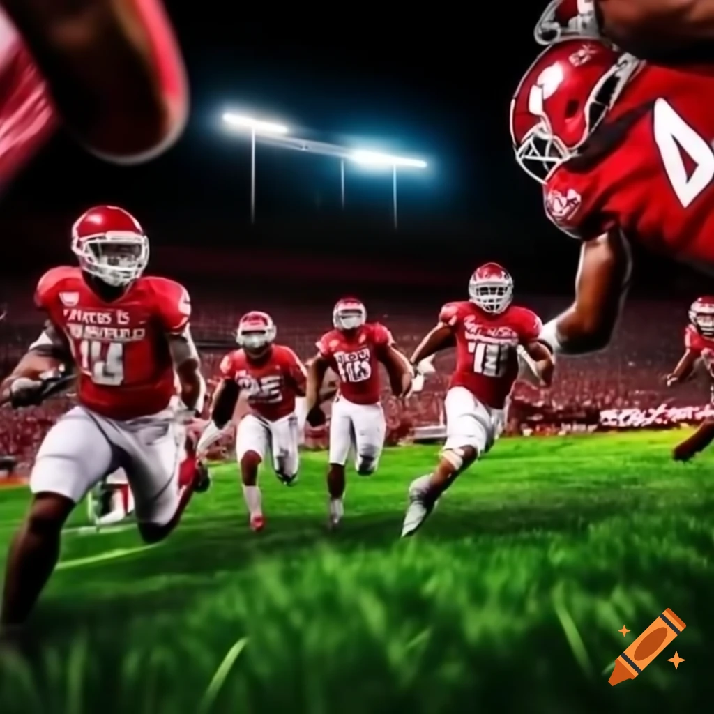Arkansas Razorbacks football players in dynamic action on green field
