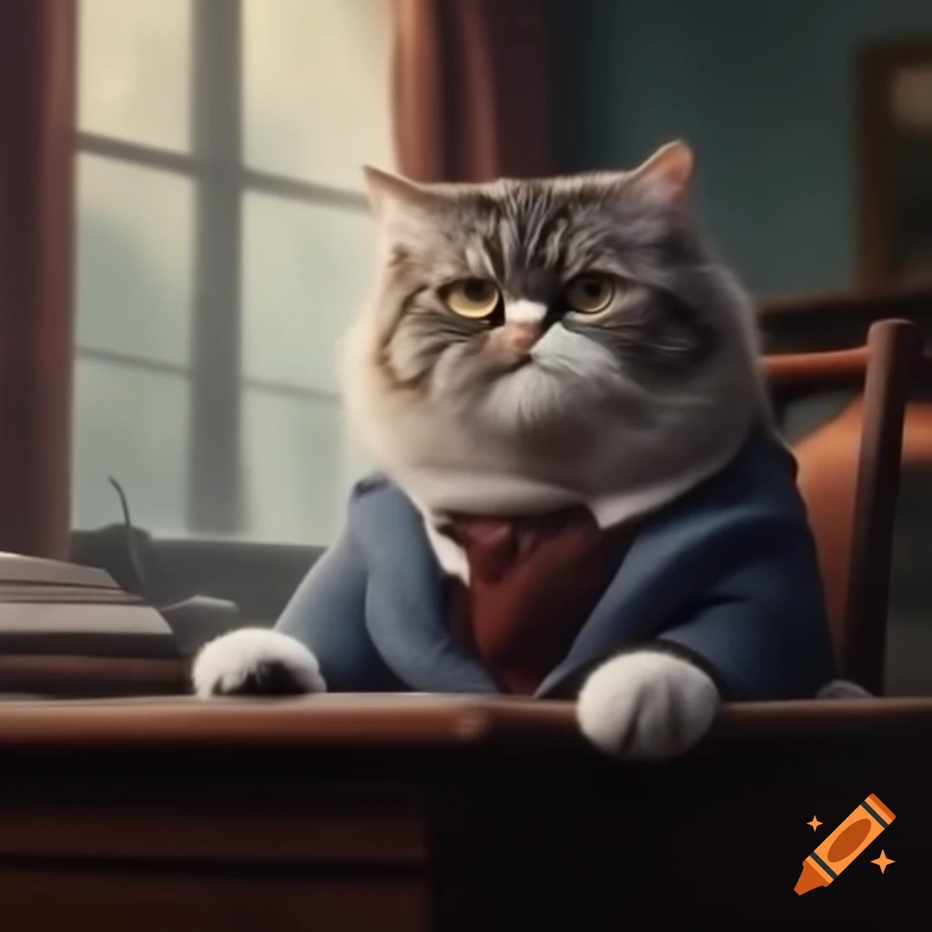 Cartoon cat resembling Jerome Powell sitting in a chair