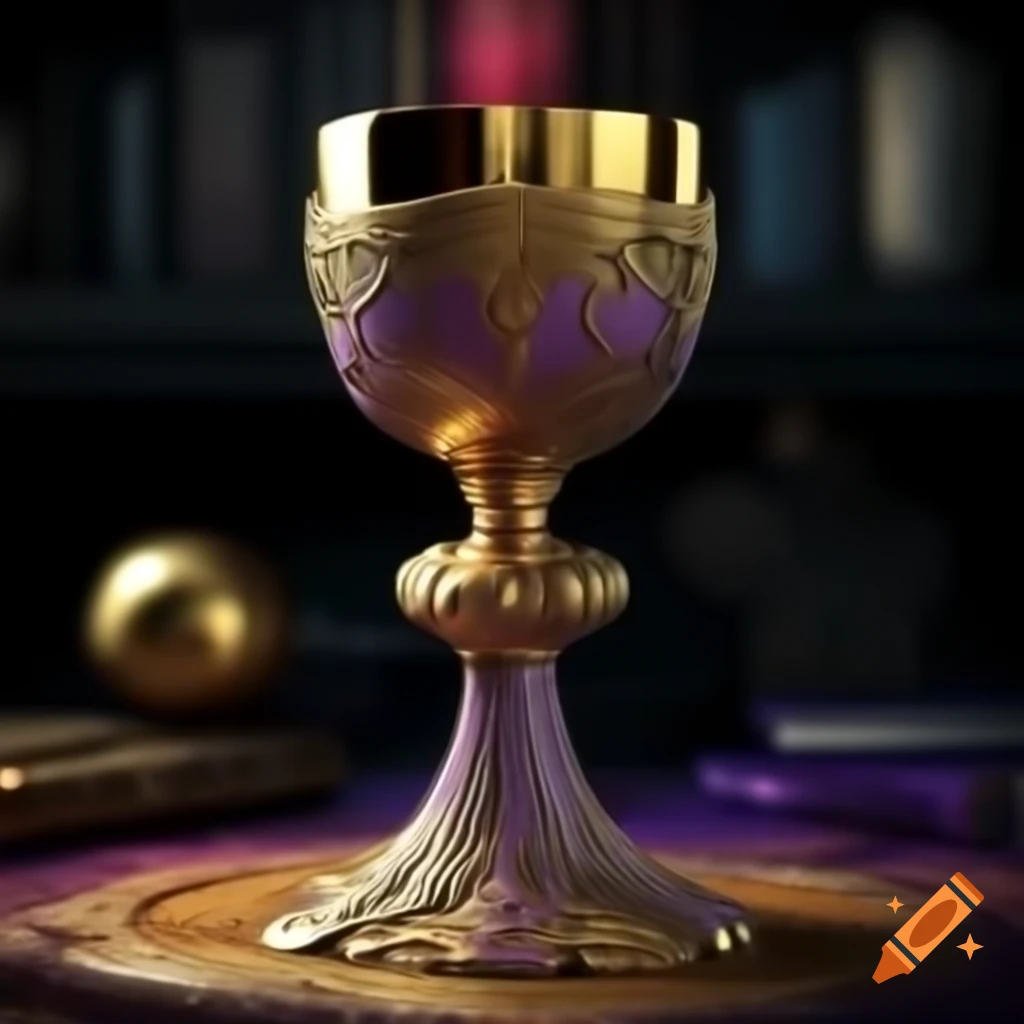 Glowing magic chalice on warlock's desk with epic fantasy background