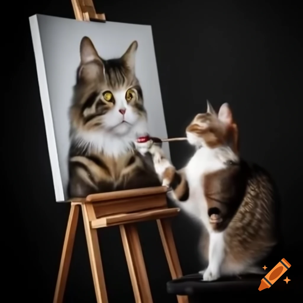 Cat painting on easel in humorous scene