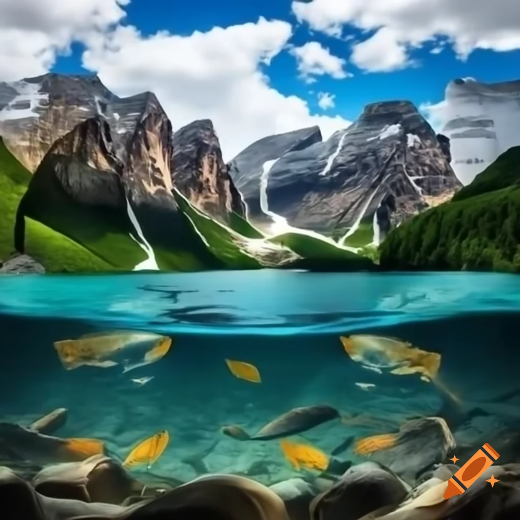 High resolution view of four mountains surrounding a colorful lake with various fish