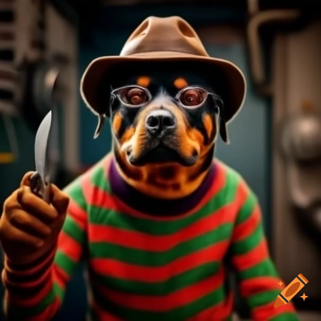 Rottweiler in Freddy Krueger costume with finger knives and striped sweater in a boiler room