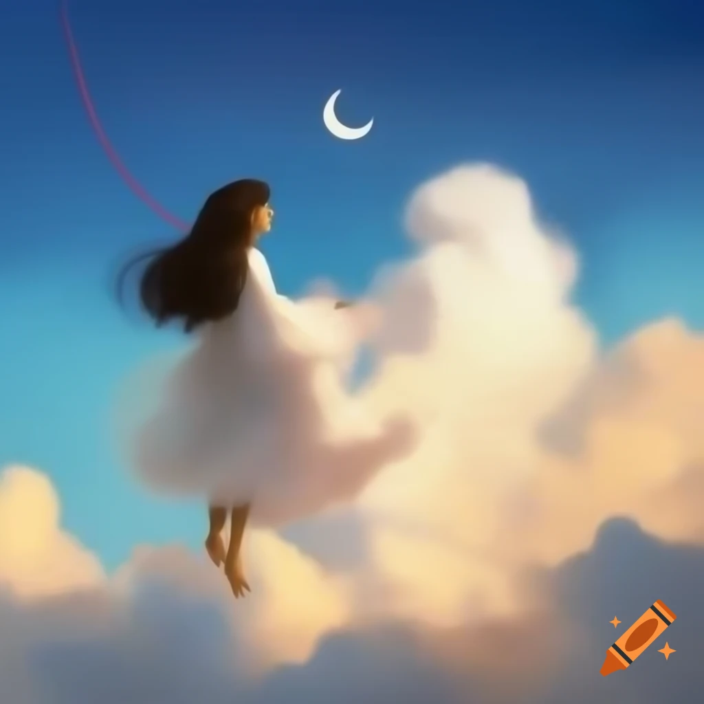 Dreamy portrait of woman on cloud holding crescent moon, soft pastel sky