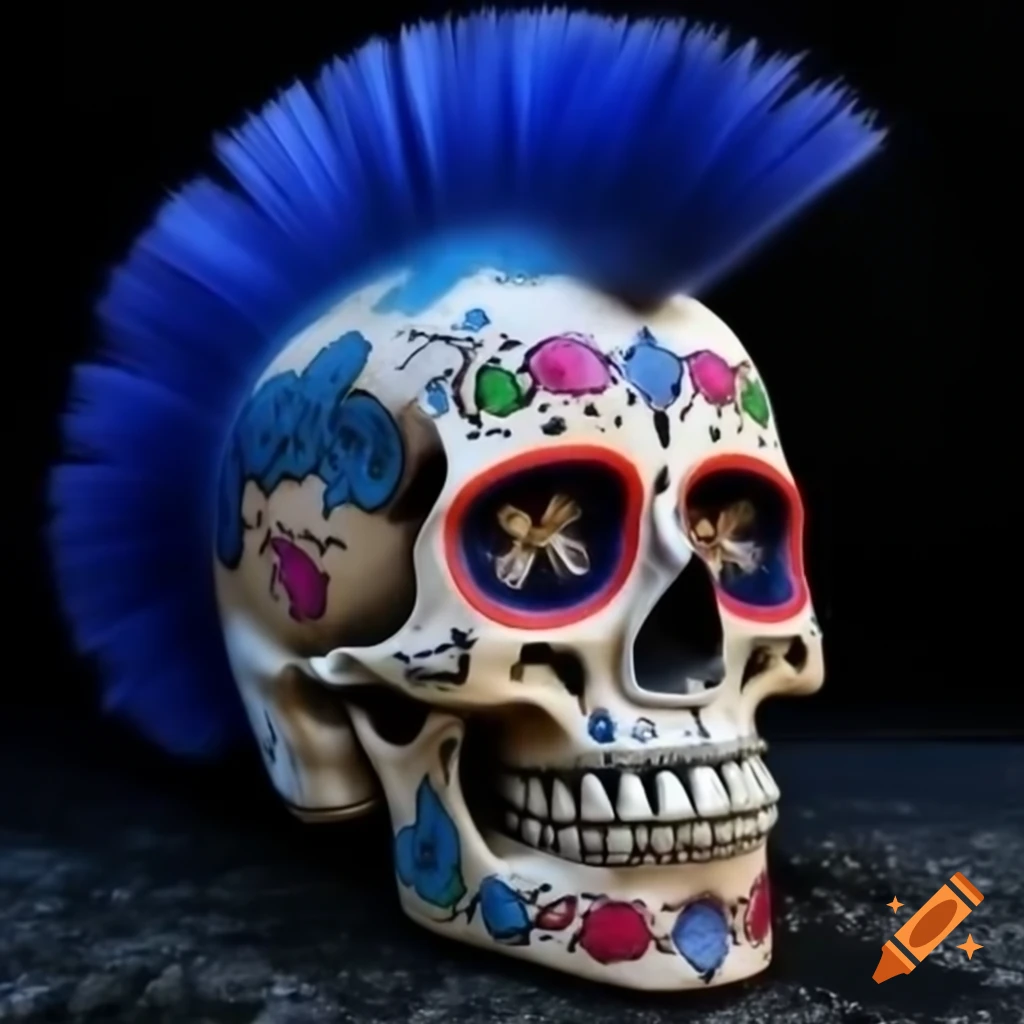 Punk rock Día de Muertos sugar skull with blue mohawk