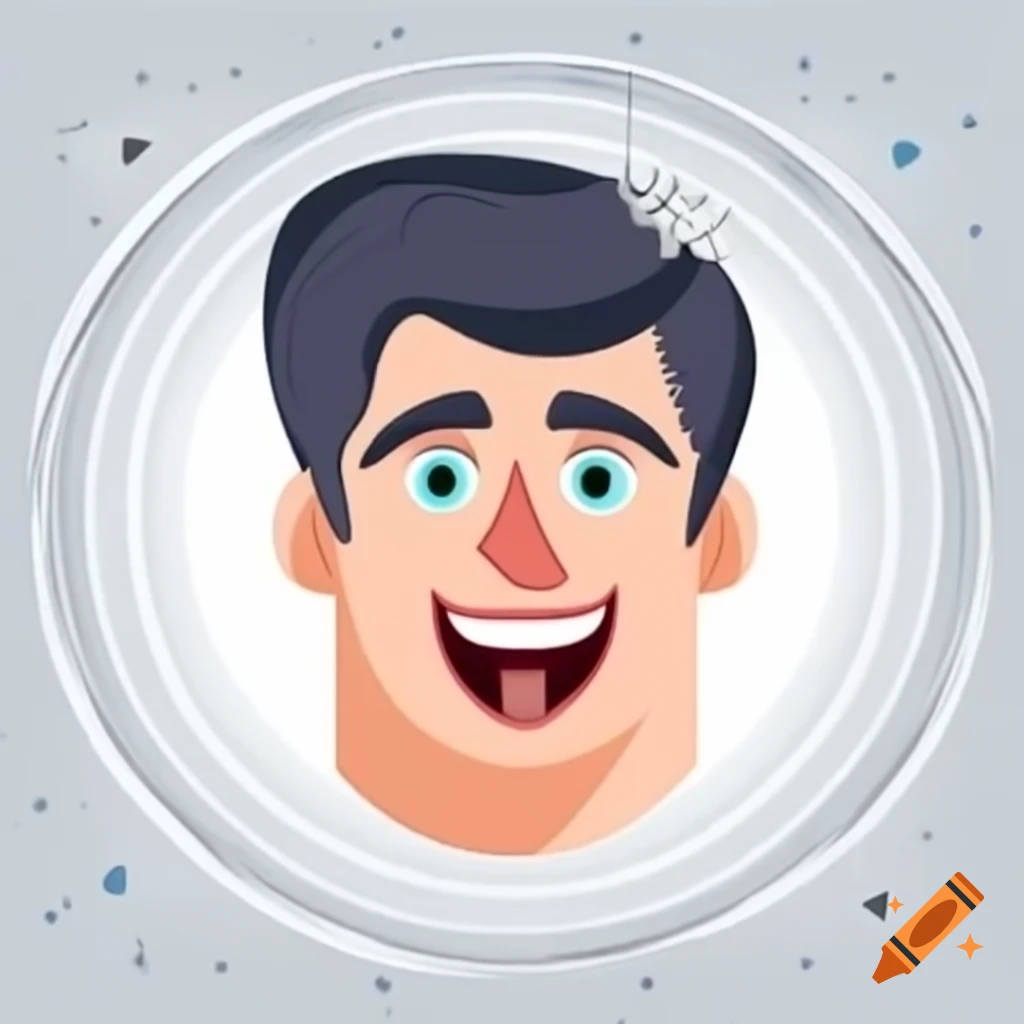 2D illustration of a happy clean-shaven man with large nose and wide eyes, surrounded by swirls and sparkles