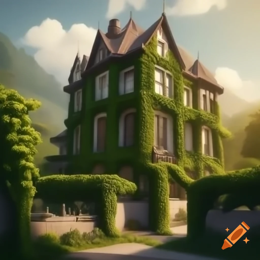 Multi-story villa with ivy vines in sunny warm climate, close-up