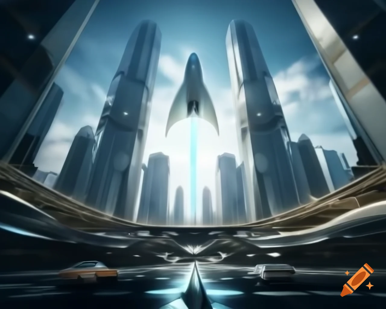Futuristic cityscape with glass buildings, holographic ads, and flying cars