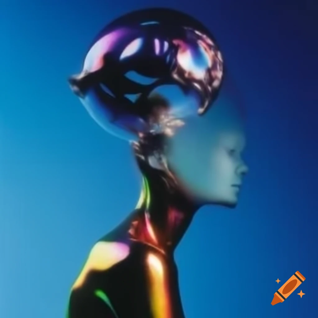 Pop surreal photography featuring iridescent glass statue