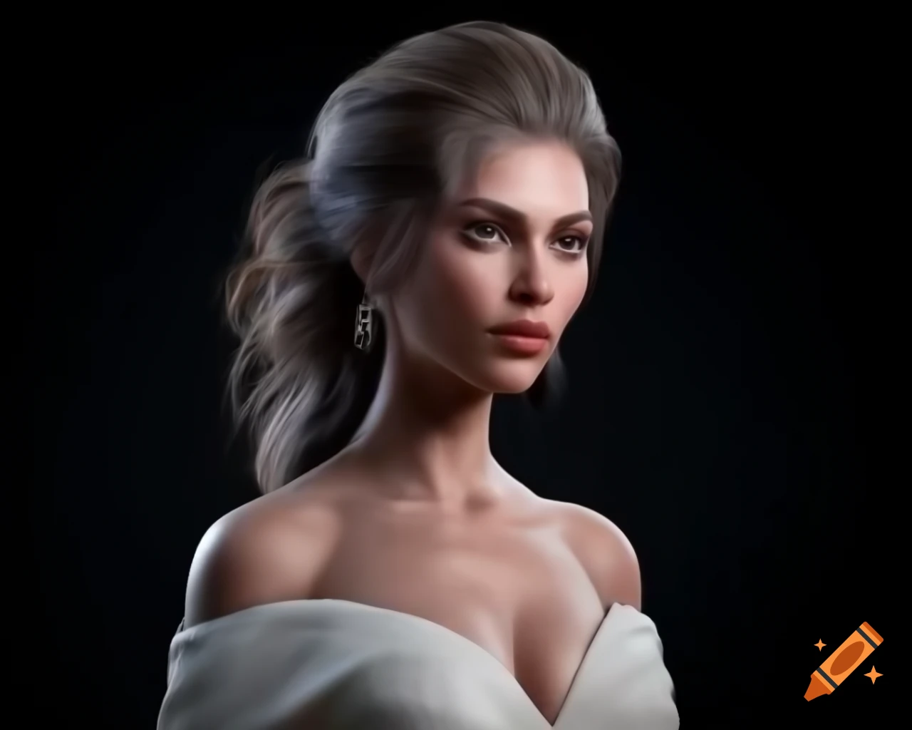 Close-up portrait of woman in flowing dress with beautiful hair, realistic digital art