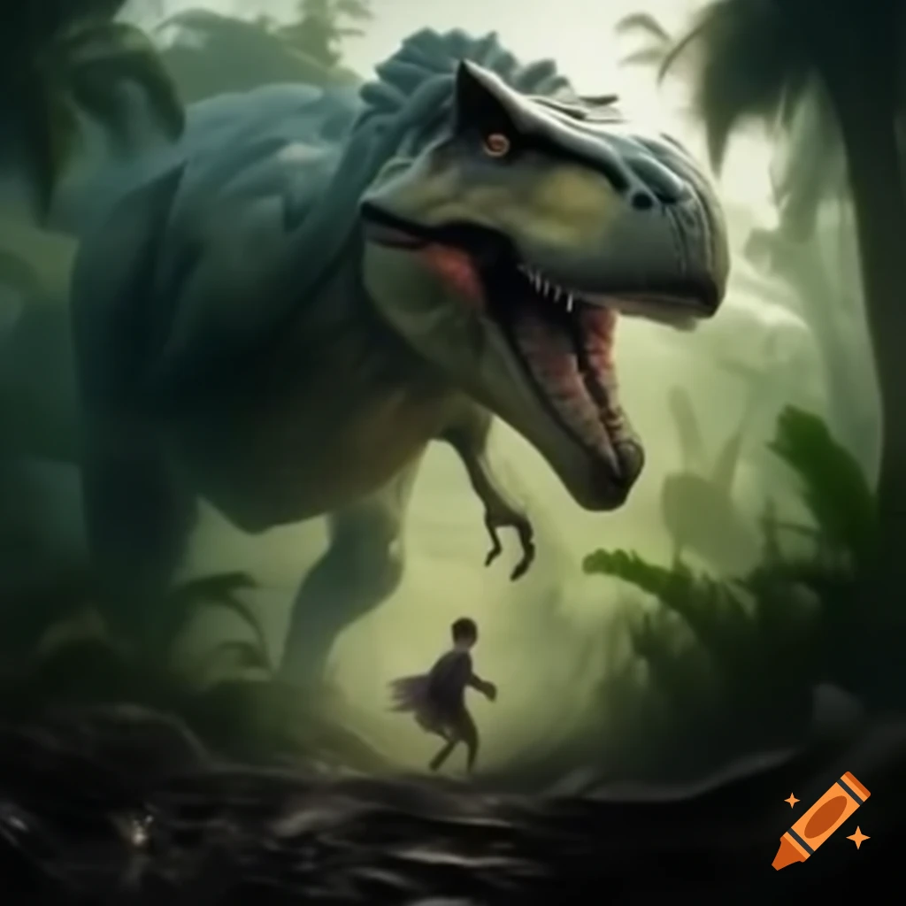 Person in cloth clothing fleeing from dinosaur in jungle