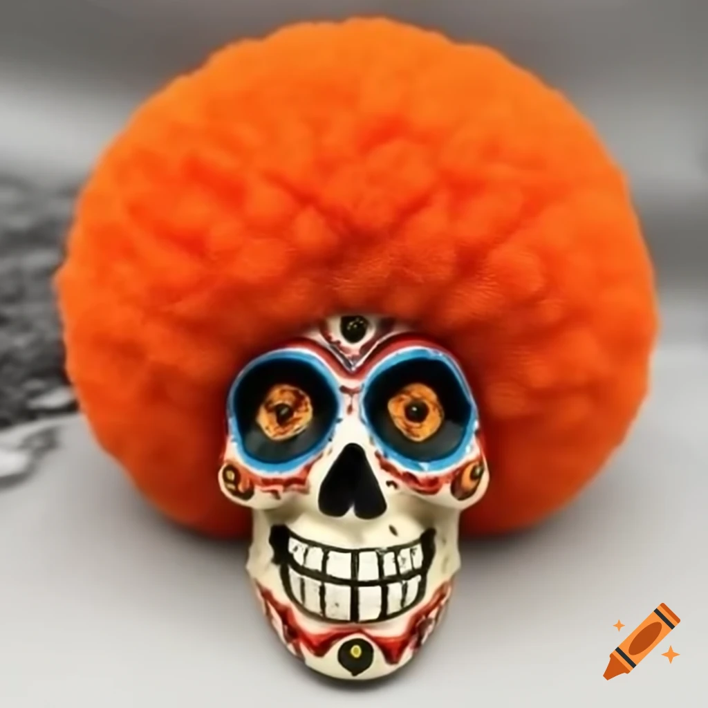 Dia de los Muertos sugar skull with orange clown afro