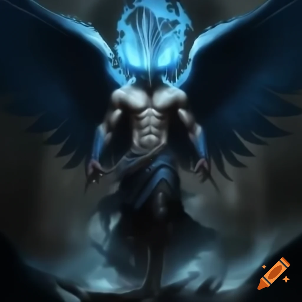 Illustration of an Akuma with bright blue wings and fiery eyes