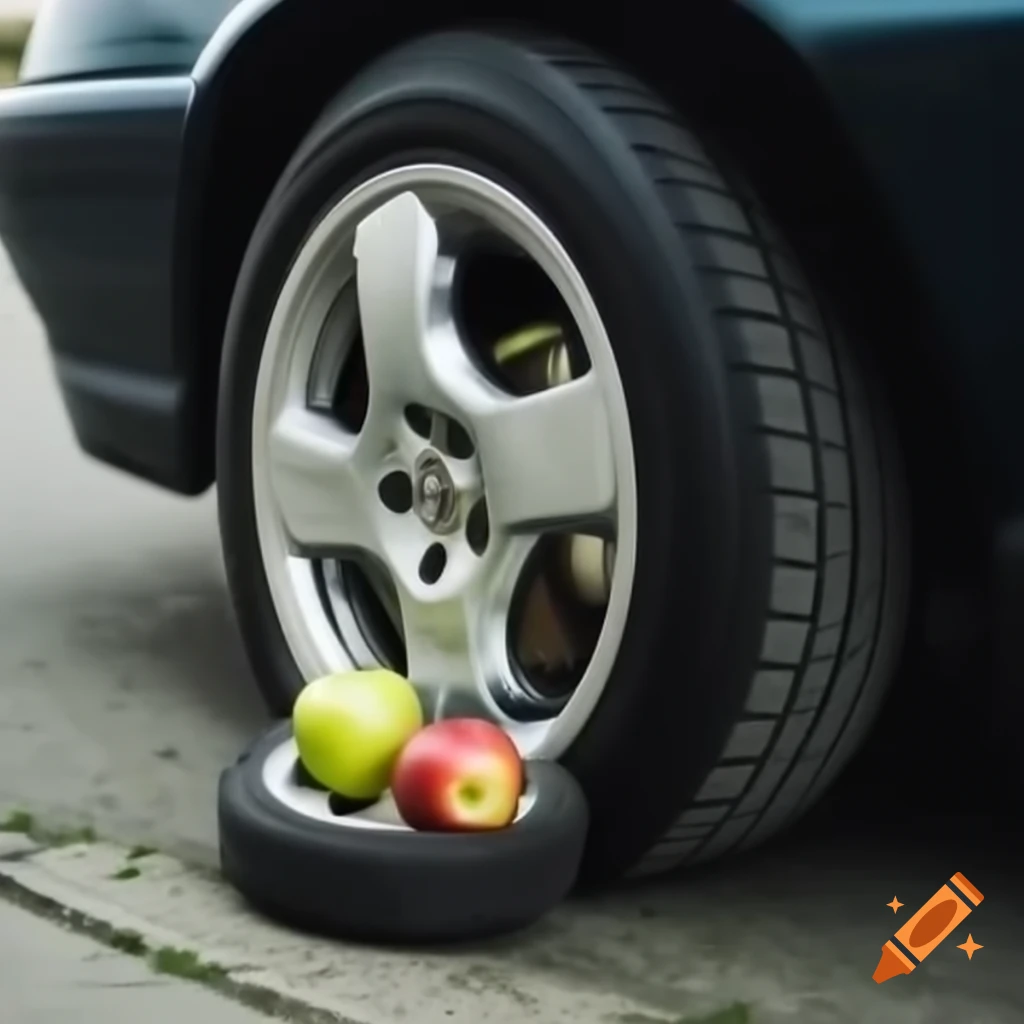 Apple next to car tire