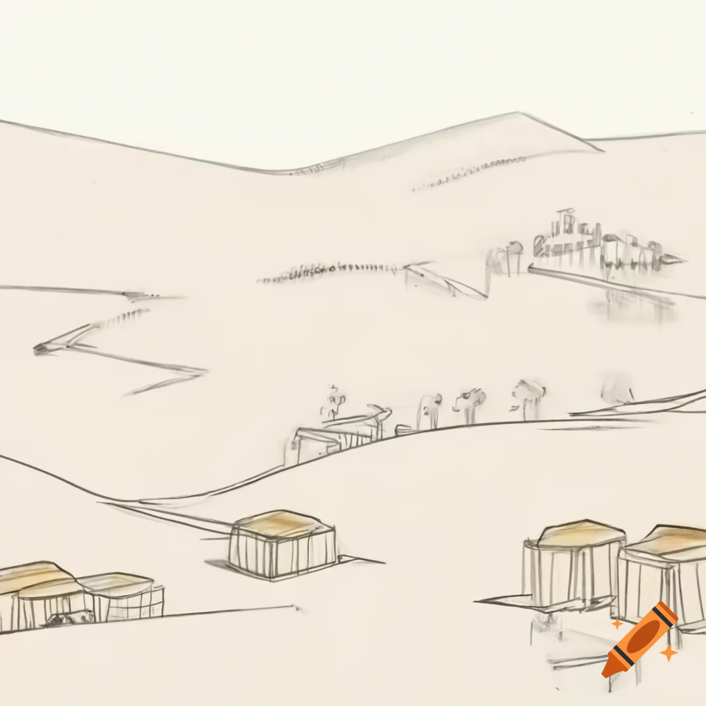 Minimalistic sketch of a small village during the time of Prophet Muhammad's birth