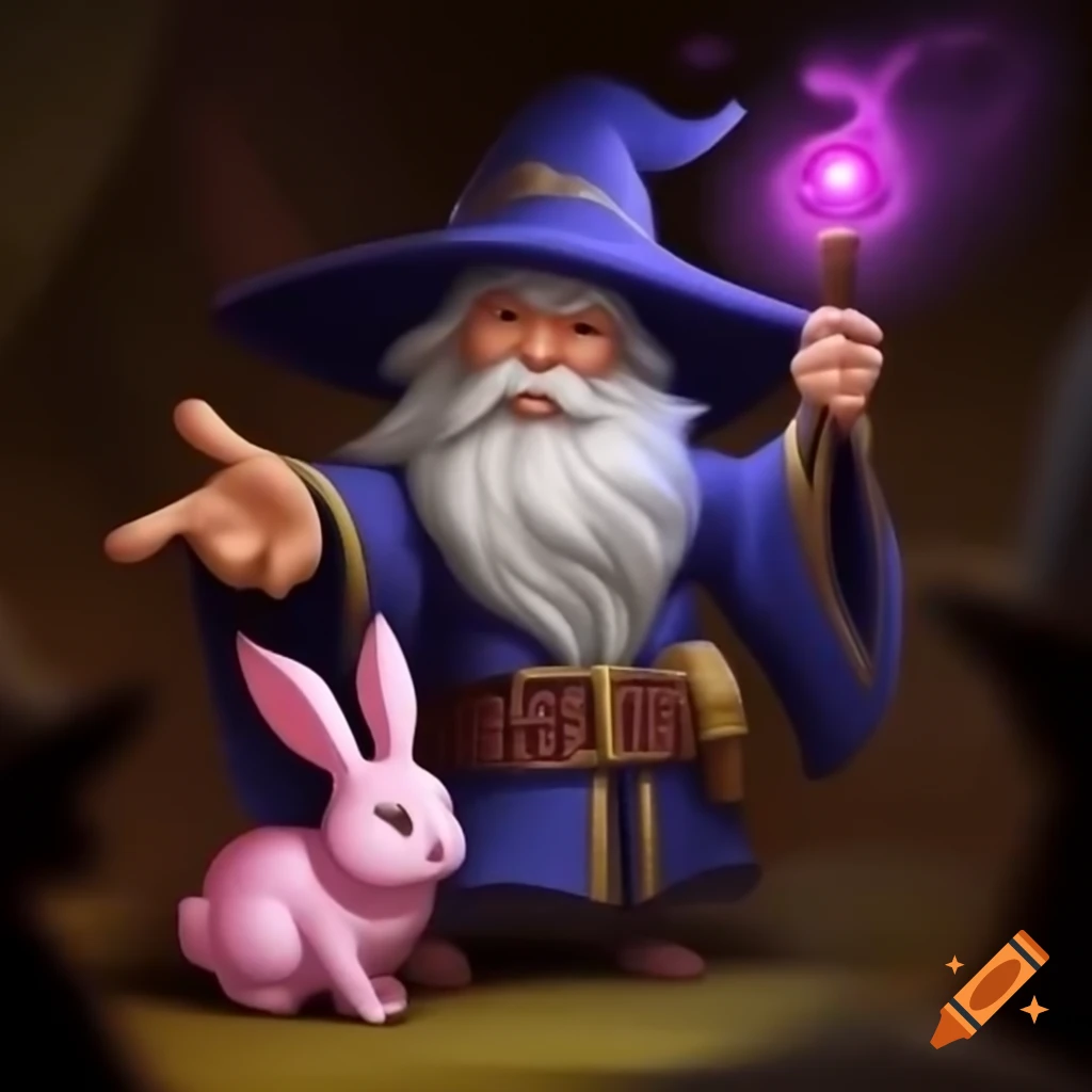 Wizard casting a spell on a pink rabbit