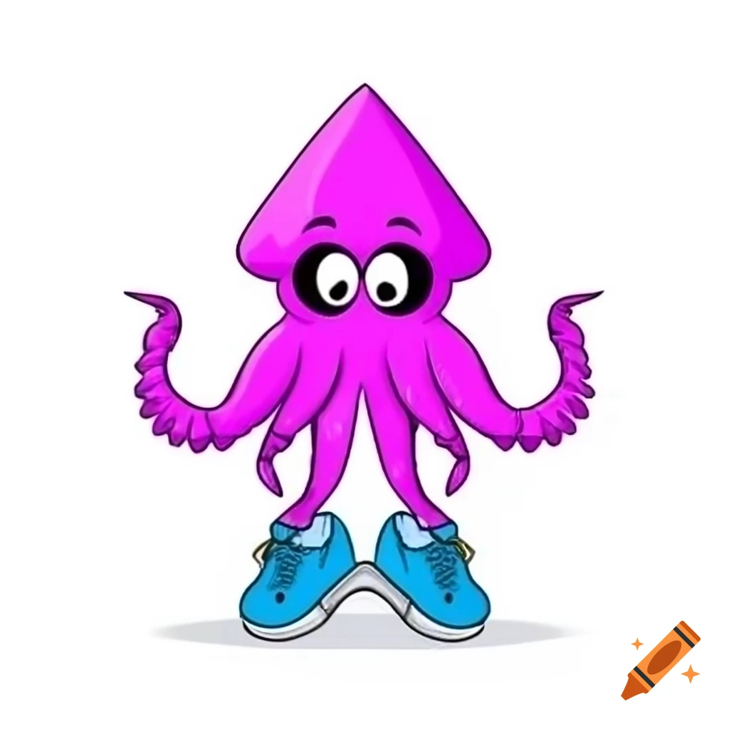 Cartoon squid wearing shoes, playful and colorful