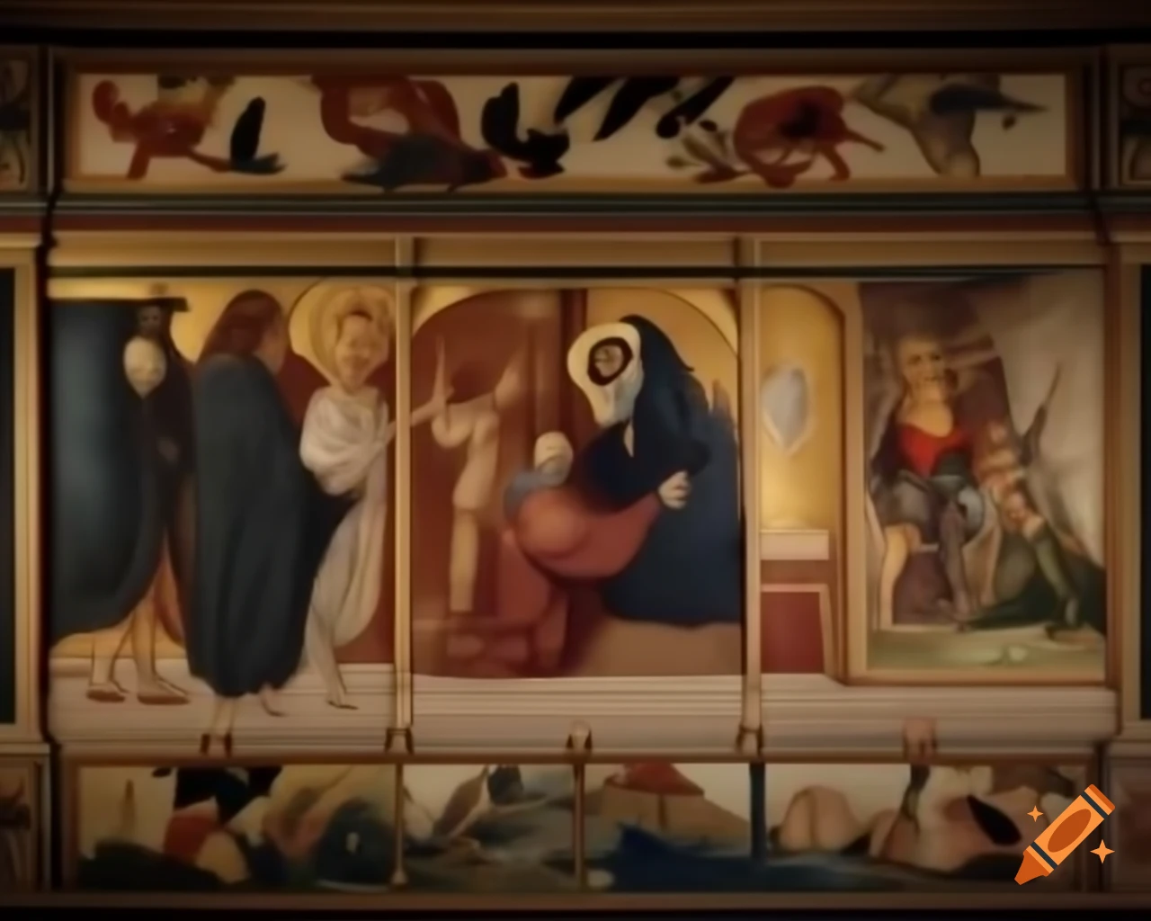 Renaissance mural depicting stories from the Middle Ages including knighthood, crusades, and the Black Death