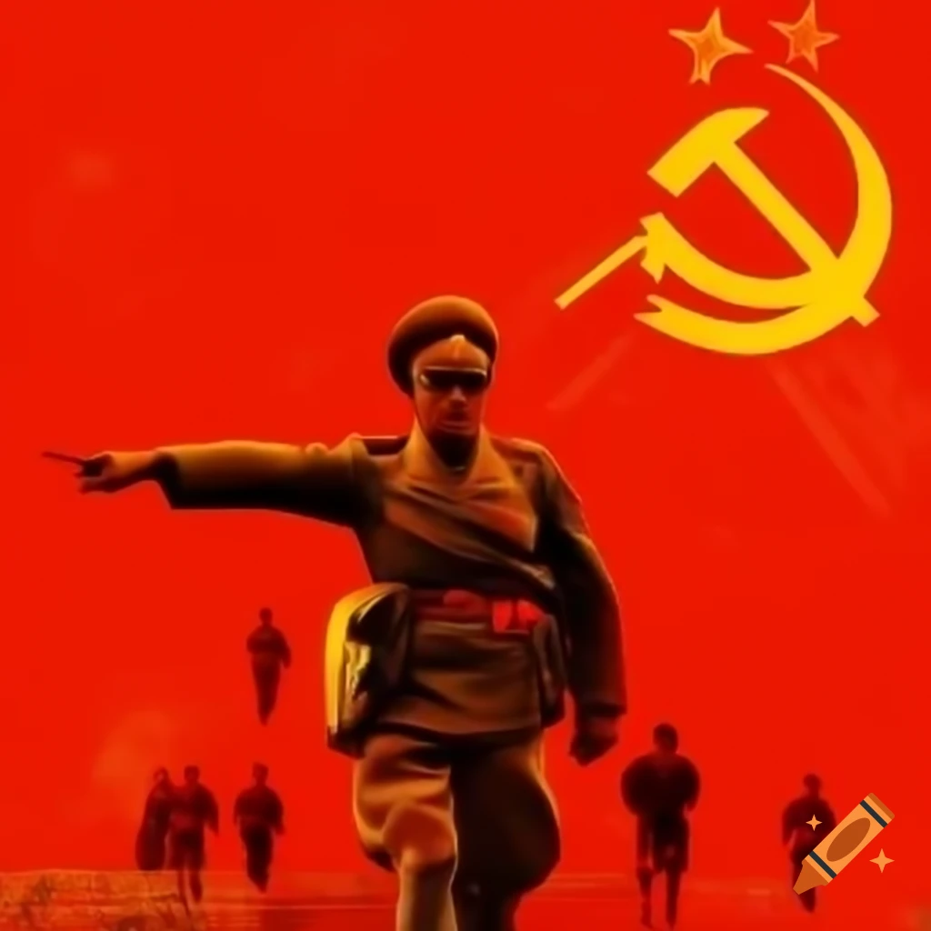 Soviet-style propaganda poster featuring a military leader in bold red and orange colors