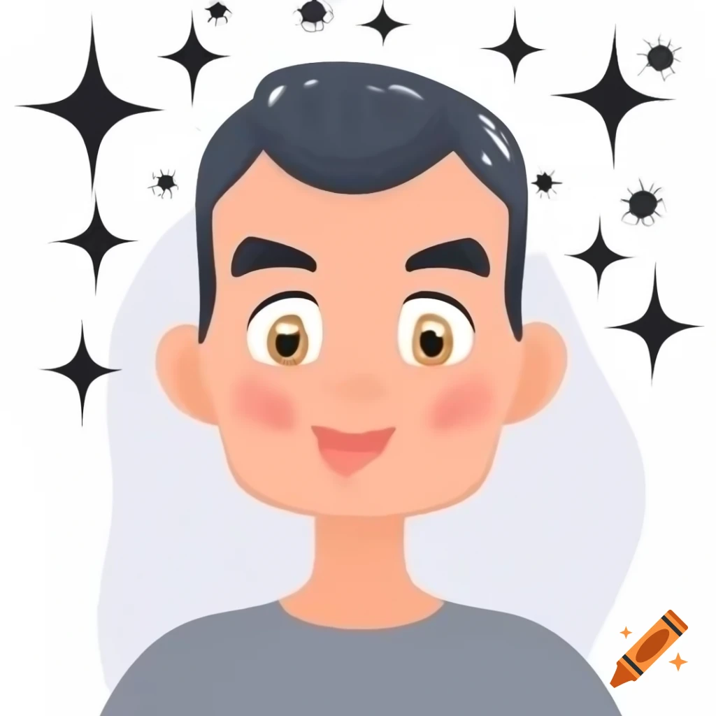2D illustration of a happy clean-shaven man with large nose and wide eyes, surrounded by swirls and sparkles