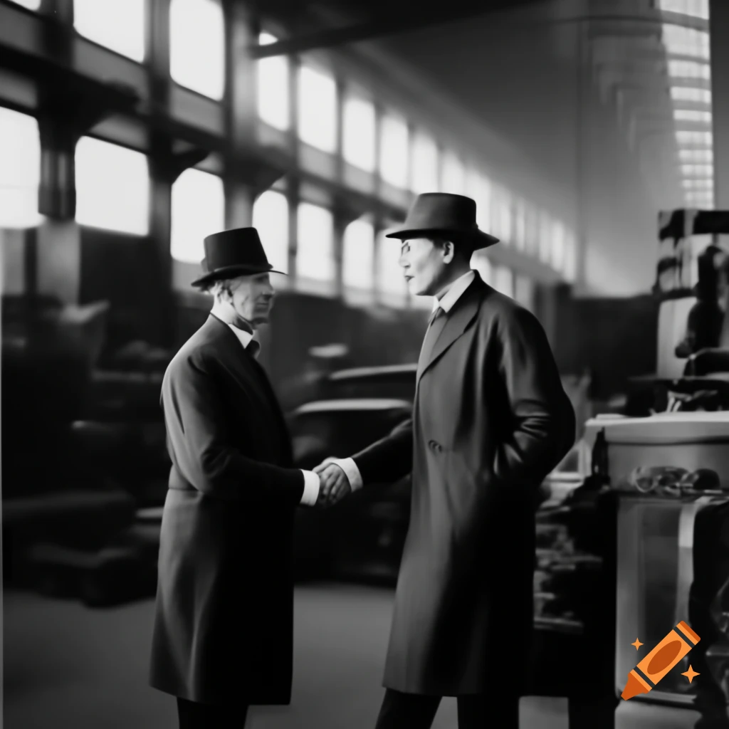 Vintage photo of two men shaking hands in factory, 19th century