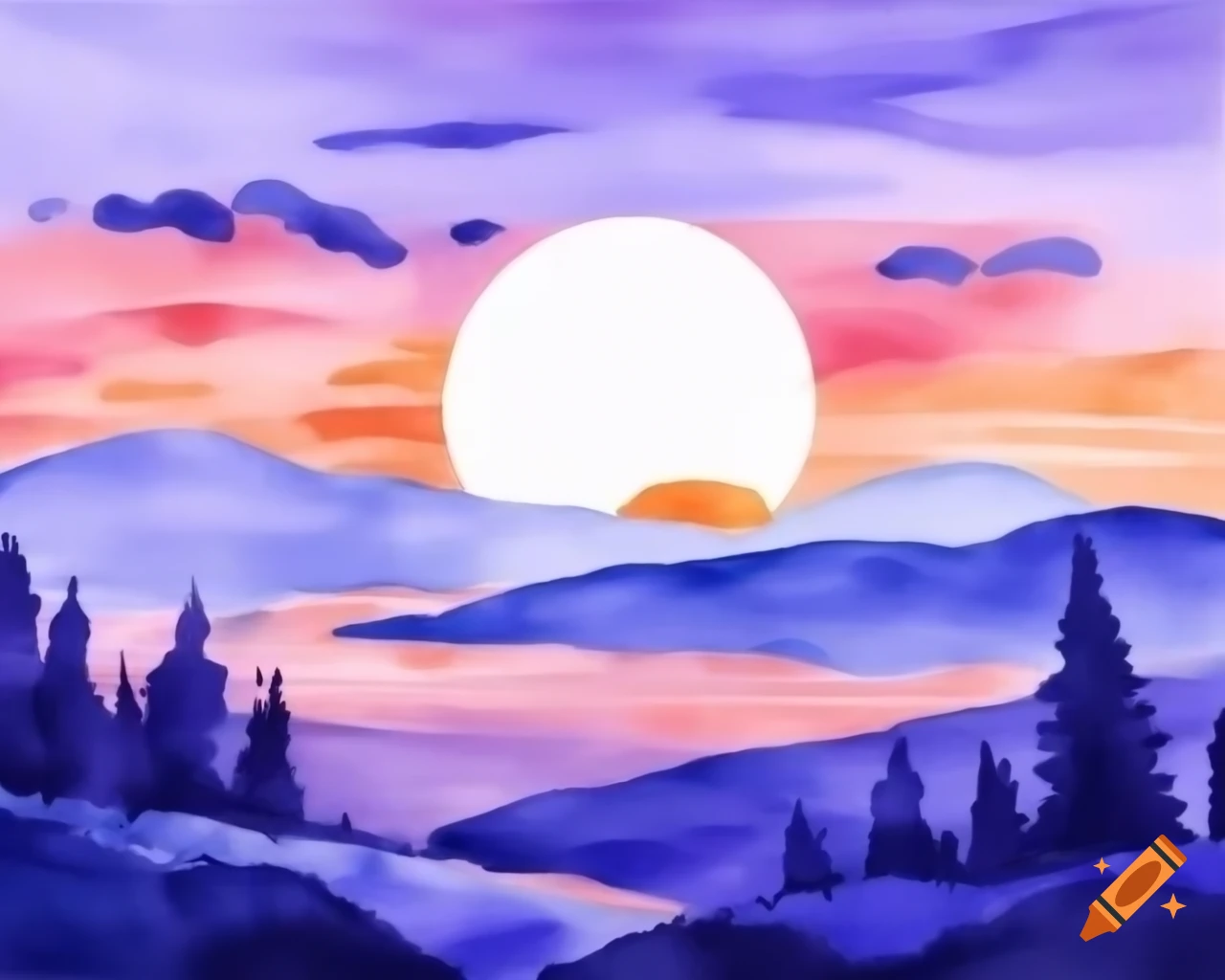 Watercolor sunset landscape artwork in blue, purple, pink, and orange hues