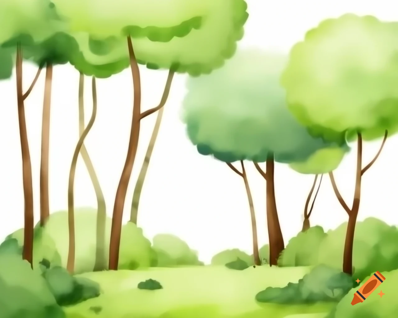 Cartoon-style forest illustration on white background, watercolor art