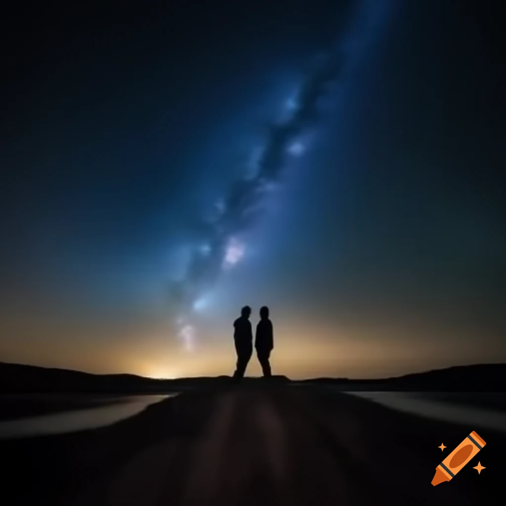 Lovers gazing at city under starry sky with shooting stars